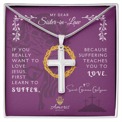 Collar de cruz artesanal "Mi querida cuñada" con cita de Santa Gemma Galgani