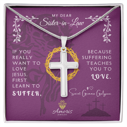 My Dear Sister-in-Law Artisan Cross Necklace with Saint Gemma Galgani Quote