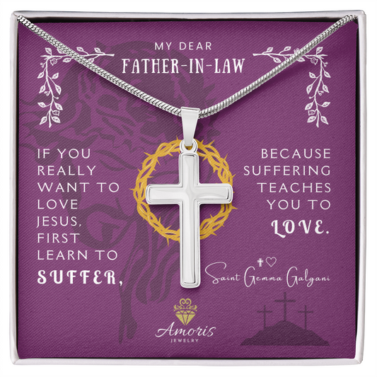 My Dear Father-in-Law Artisan Cross Necklace with Saint Gemma Galgani Quote