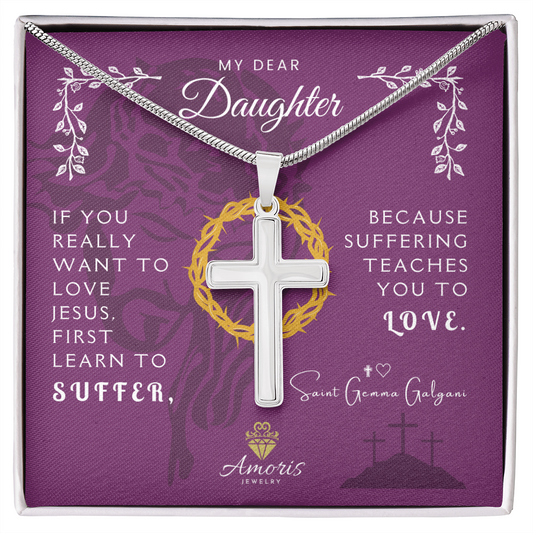Collar de cruz artesanal "Mi querida hija" con cita de Santa Gemma Galgani