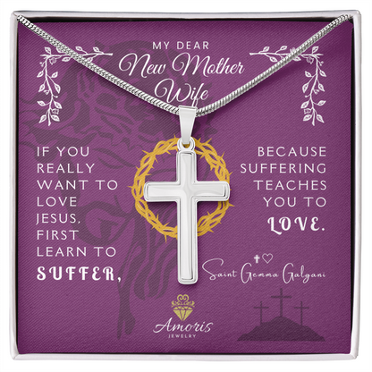 Collar de cruz artesanal "Mi querida esposa madre primeriza" con cita de Santa Gemma Galgani