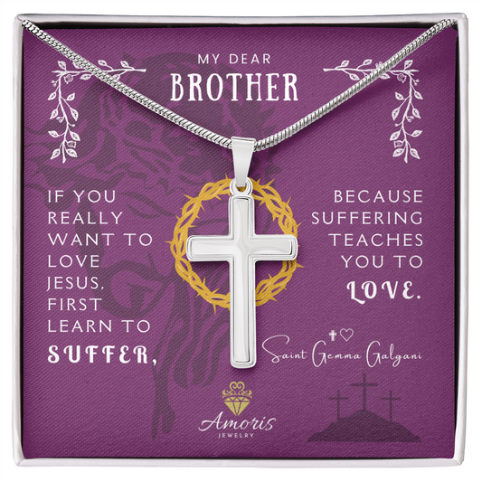 Collar de cruz artesanal "Mi querido hermano" con cita de Santa Gemma Galgani