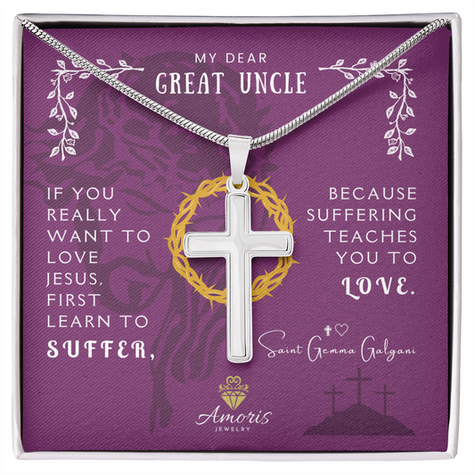 My Dear Great Uncle Artisan Cross Necklace with Saint Gemma Galgani Quote