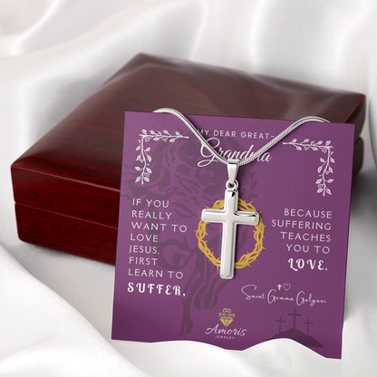 My Dear Great-Grandma Artisan Cross Necklace with Saint Gemma Galgani Quote