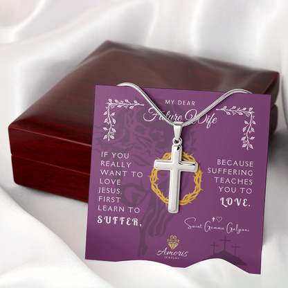Collar de cruz artesanal "Mi querida futura esposa" con cita de Santa Gemma Galgani