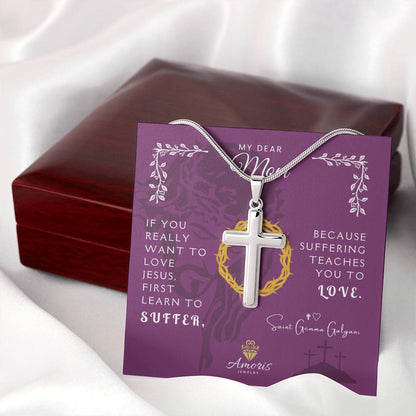 My Dear Mom Artisan Cross Necklace with Saint Gemma Galgani Quote
