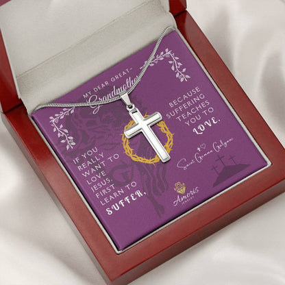 My Dear Great-Grandmother Artisan Cross Necklace with Saint Gemma Galgani Quote