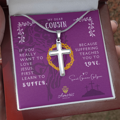 Collier croix artisanal « Mon cher cousin » (homme) avec citation de Sainte Gemma Galgani