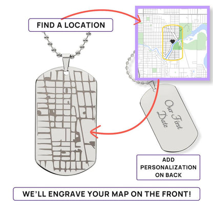 Map Dog Tag Necklace with Personalized Engraving