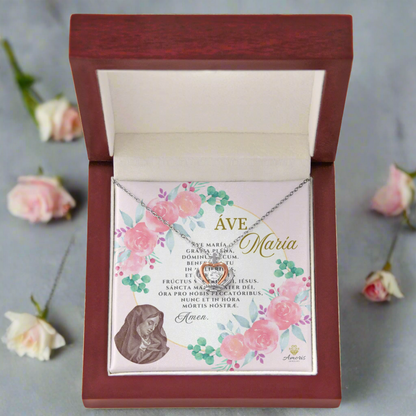 Áve María Crown Pendant Necklace in Sterling Silver with LATIN Prayer Card (with accents)
