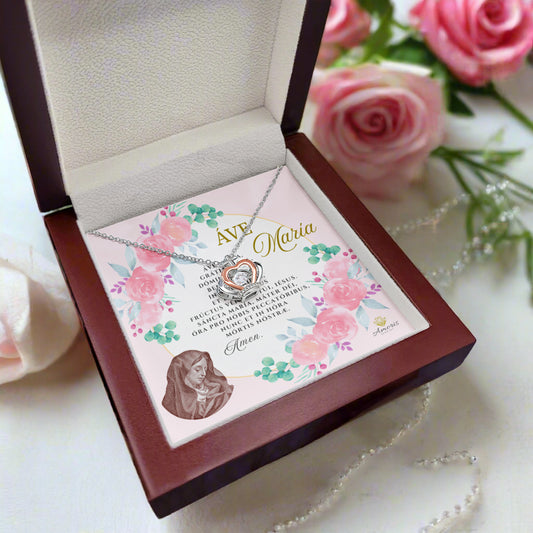 Áve María Crown Pendant Necklace in Sterling Silver with LATIN Prayer Card (with accents)