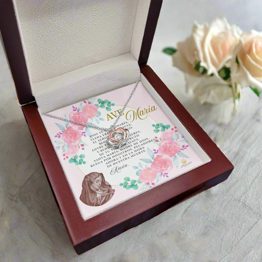 Ave María Crown Pendant Necklace in Sterling Silver with SPANISH Prayer Card