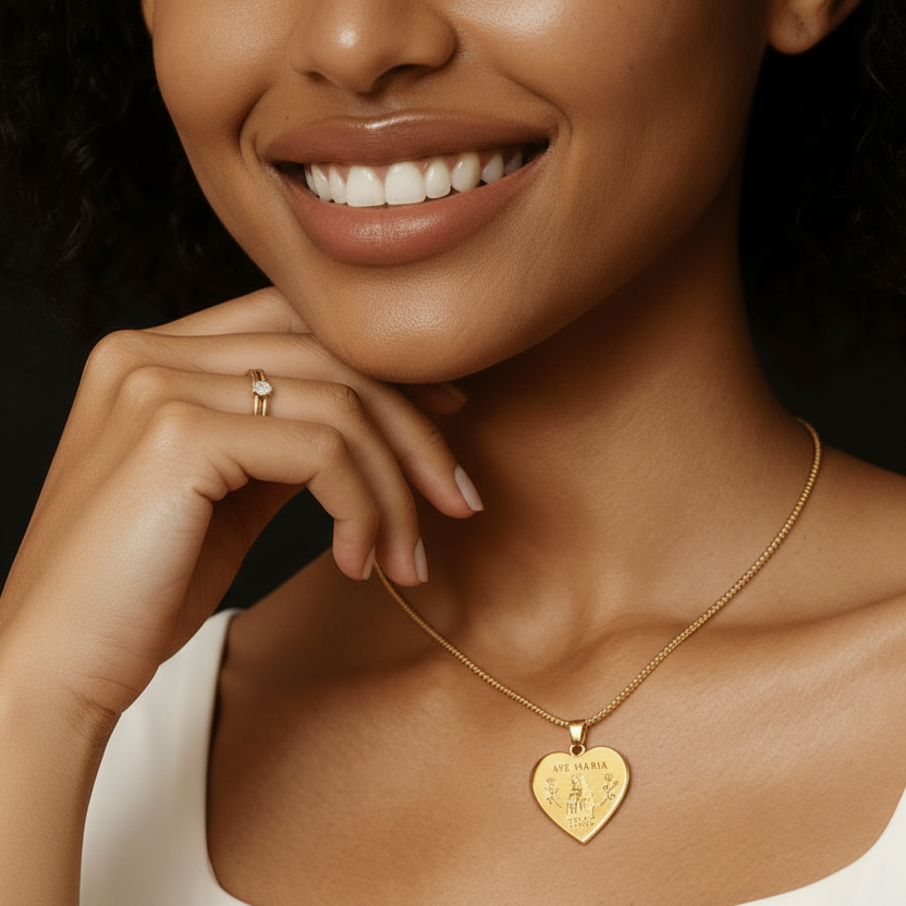 Ave Maria Gratia Plena Heart Necklace with Personalized Engraving