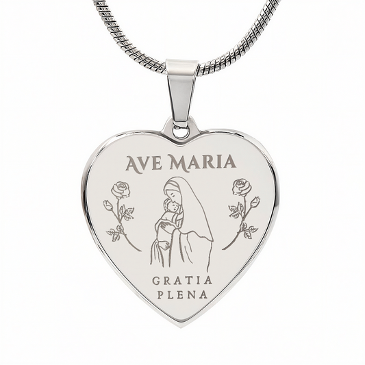 Ave Maria Gratia Plena Heart Necklace with Personalized Engraving