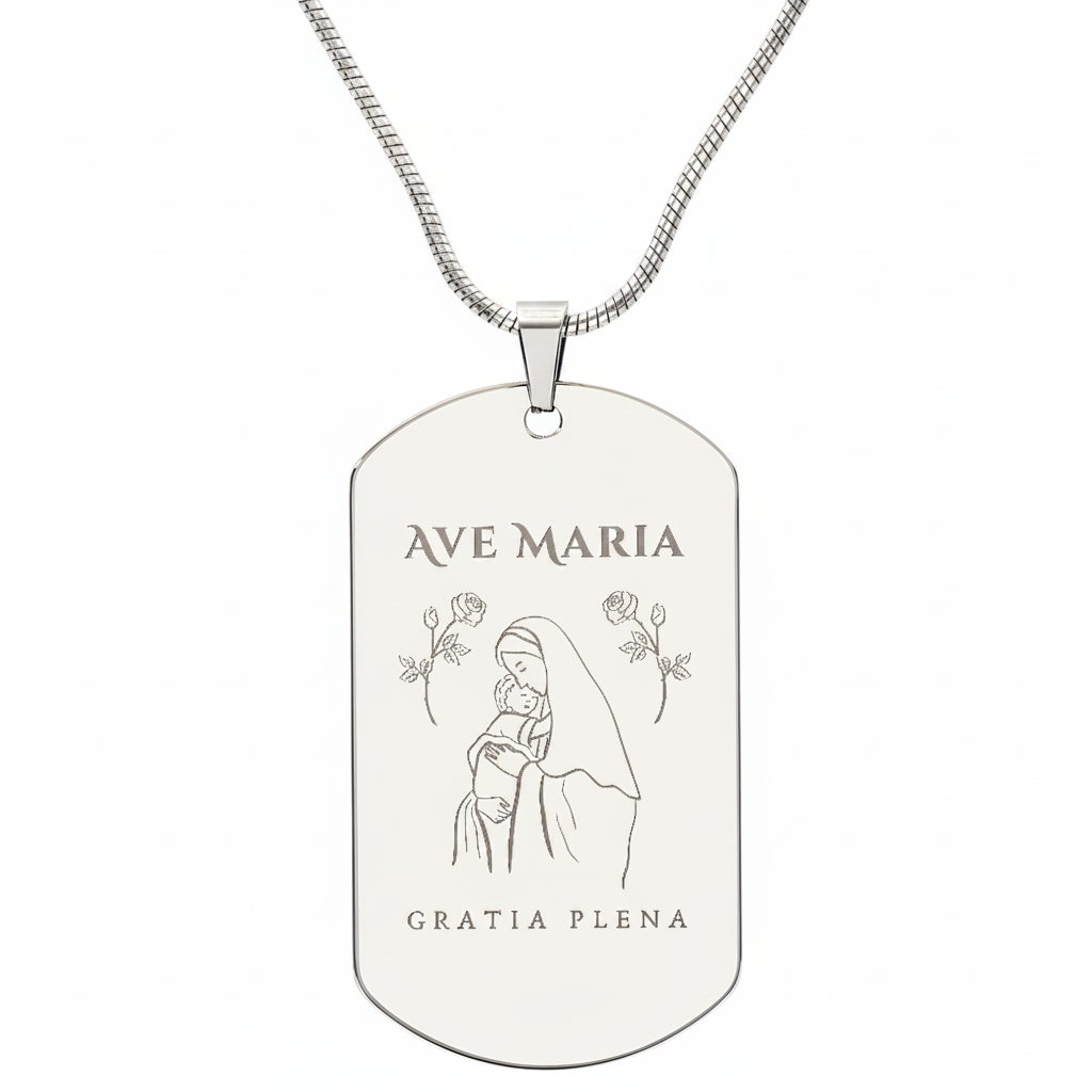 Ave Maria Gratia Plena Tag Necklace with Personalized Custom Engraving
