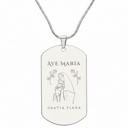 Ave Maria Gratia Plena Tag Necklace with Personalized Custom Engraving