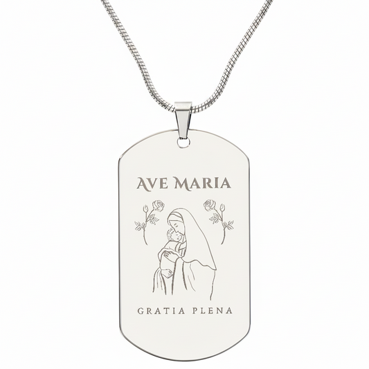Ave Maria Gratia Plena Tag Necklace with Personalized Custom Engraving