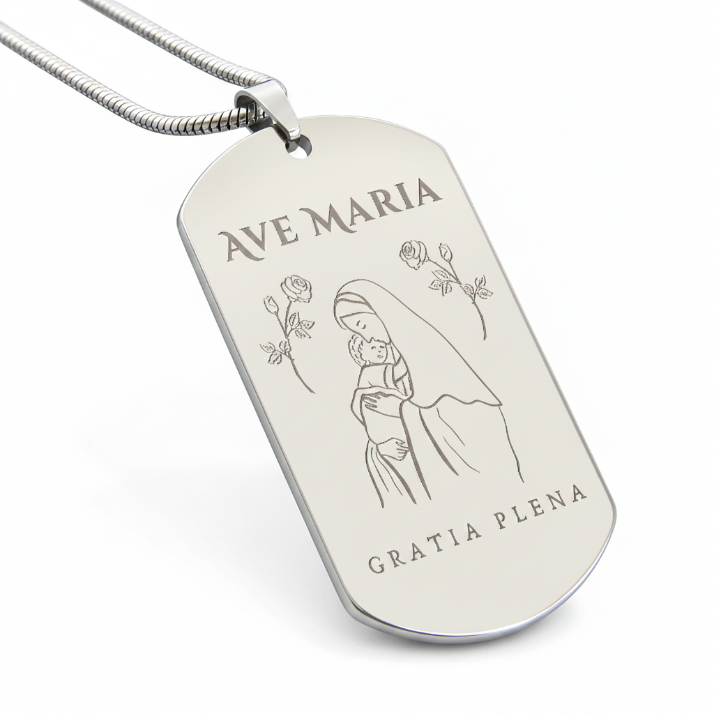Ave Maria Gratia Plena Tag Necklace with Personalized Custom Engraving