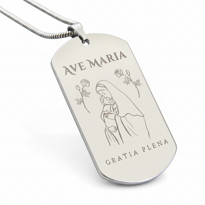 Ave Maria Gratia Plena Tag Necklace with Personalized Custom Engraving