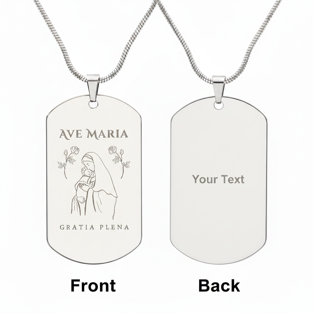Ave Maria Gratia Plena Tag Necklace with Personalized Custom Engraving