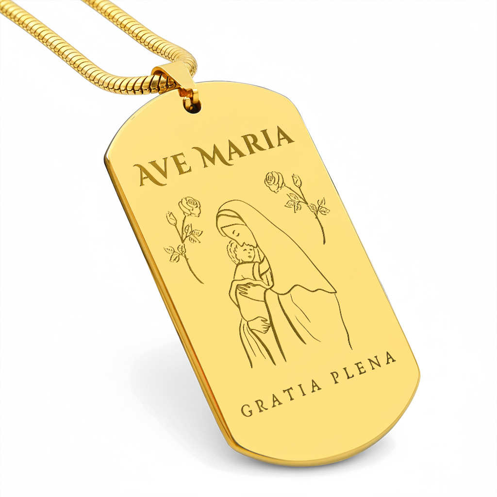 Ave Maria Gratia Plena Tag Necklace with Personalized Custom Engraving