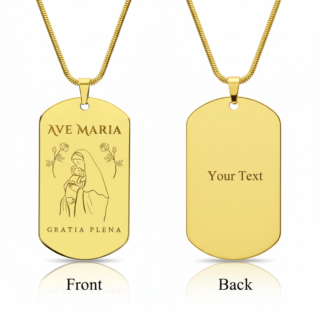 Ave Maria Gratia Plena Tag Necklace with Personalized Custom Engraving