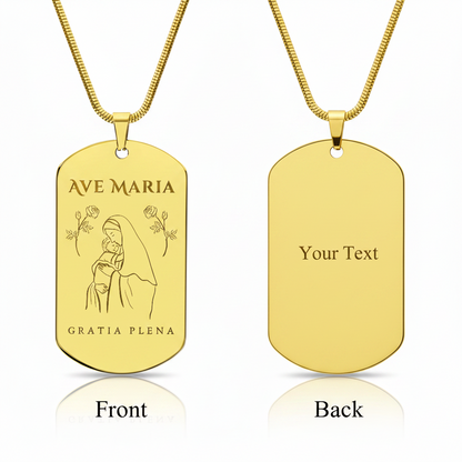 Ave Maria Gratia Plena Tag Necklace with Personalized Custom Engraving