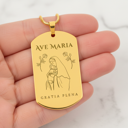 Ave Maria Gratia Plena Tag Necklace with Personalized Custom Engraving