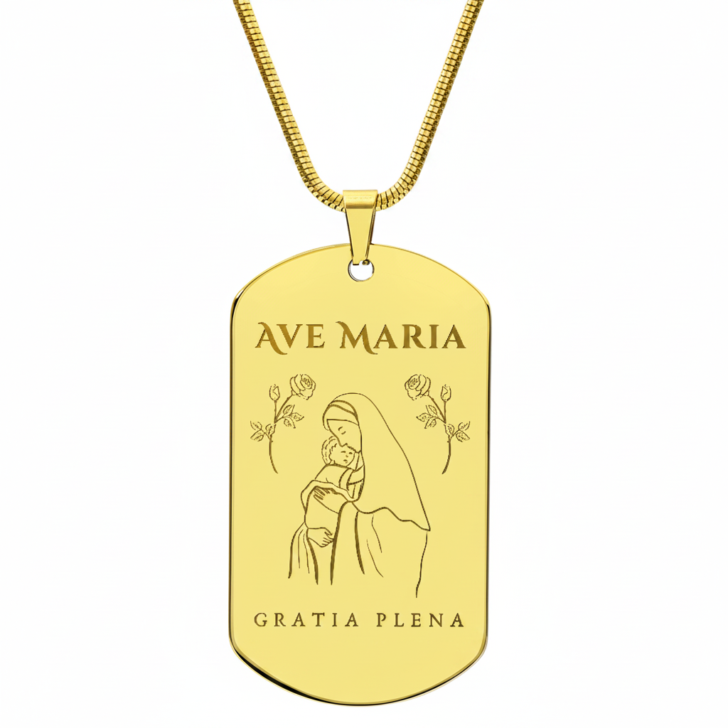 Ave Maria Gratia Plena Tag Necklace with Personalized Custom Engraving