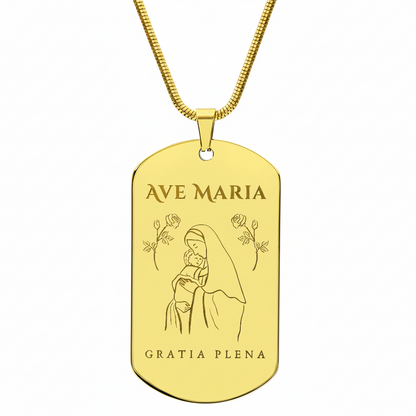 Ave Maria Gratia Plena Tag Necklace with Personalized Custom Engraving