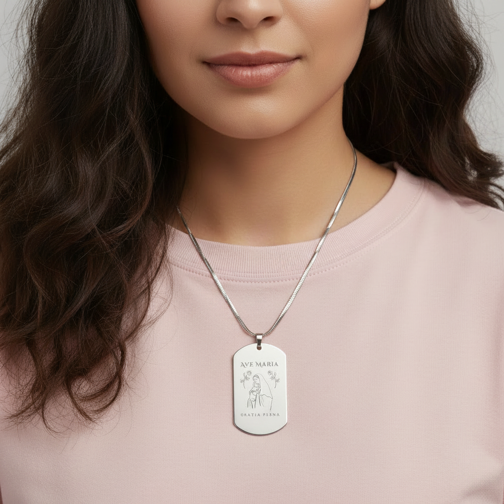 Ave Maria Gratia Plena Tag Necklace with Personalized Custom Engraving