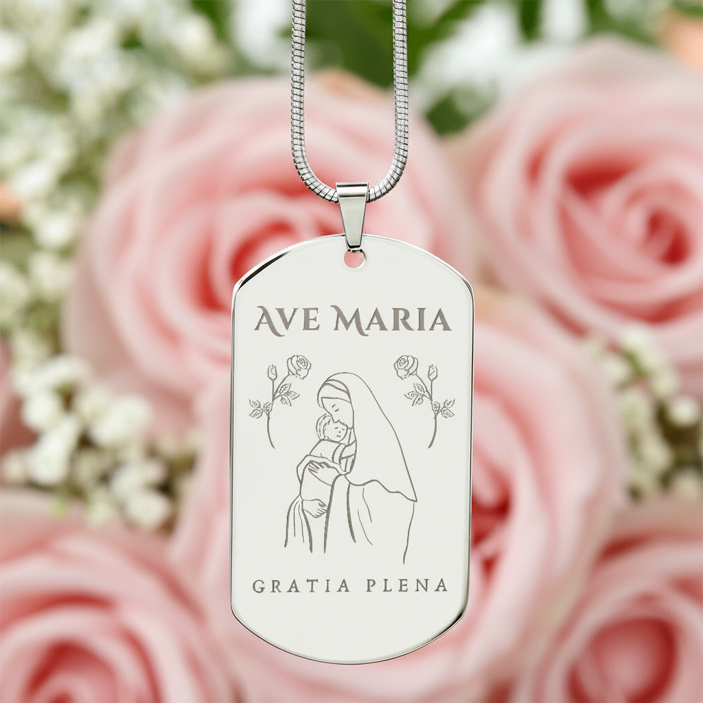 Ave Maria Gratia Plena Tag Necklace with Personalized Custom Engraving