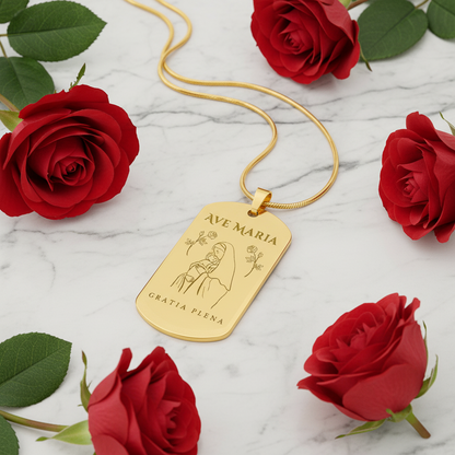 Ave Maria Gratia Plena Tag Necklace with Personalized Custom Engraving