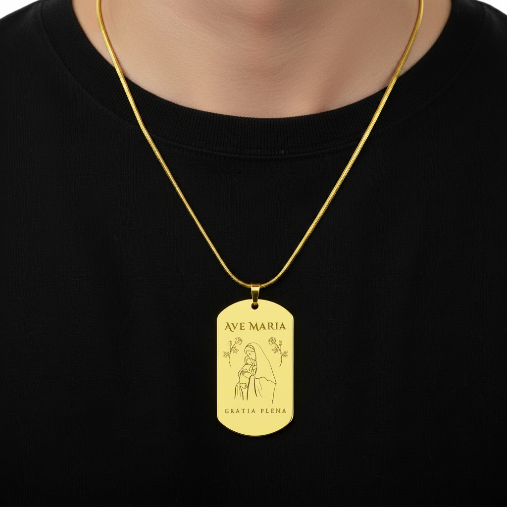 Ave Maria Gratia Plena Tag Necklace with Personalized Custom Engraving