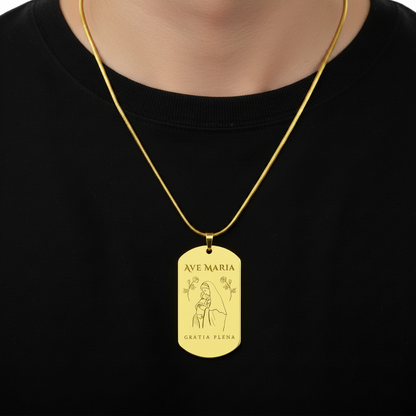 Ave Maria Gratia Plena Tag Necklace with Personalized Custom Engraving