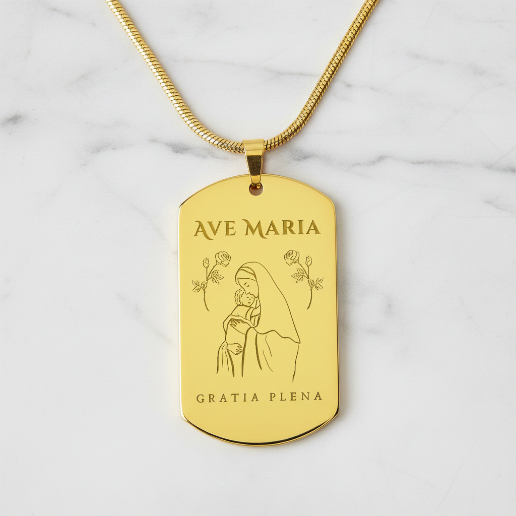 Ave Maria Gratia Plena Tag Necklace with Personalized Custom Engraving