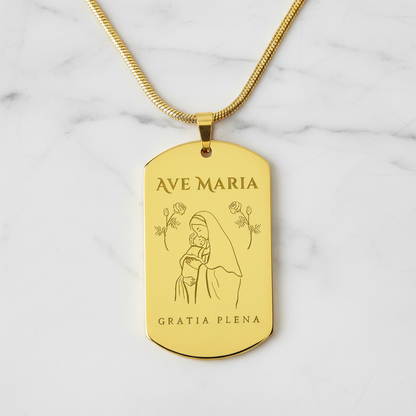 Ave Maria Gratia Plena Tag Necklace with Personalized Custom Engraving