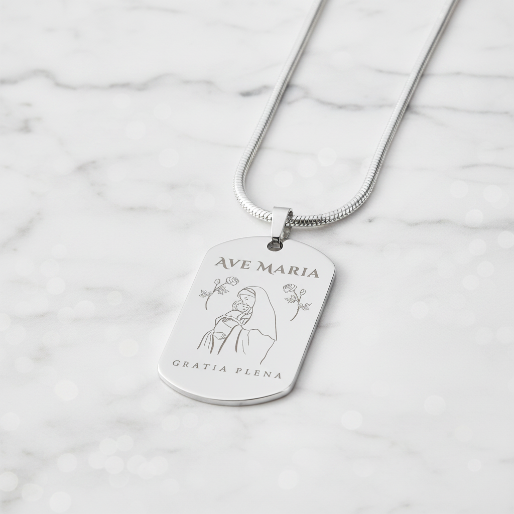 Ave Maria Gratia Plena Tag Necklace with Personalized Custom Engraving
