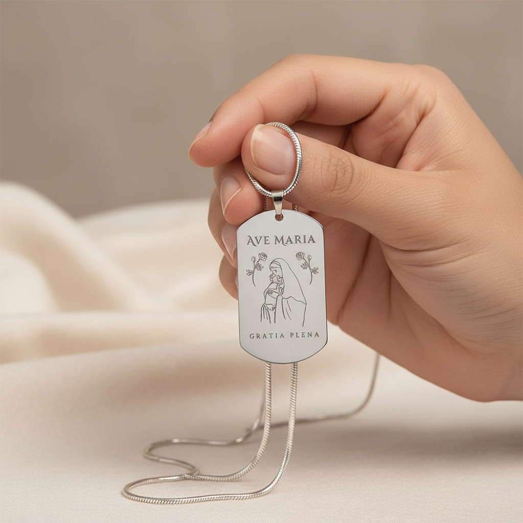 Ave Maria Gratia Plena Tag Necklace with Personalized Custom Engraving