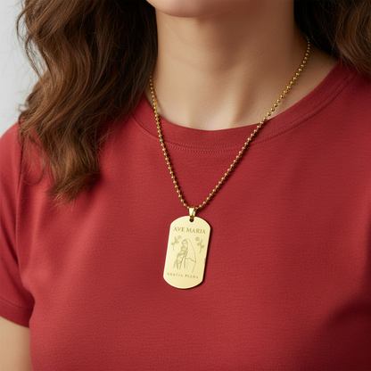 Ave Maria Gratia Plena Tag Necklace with Personalized Engraving