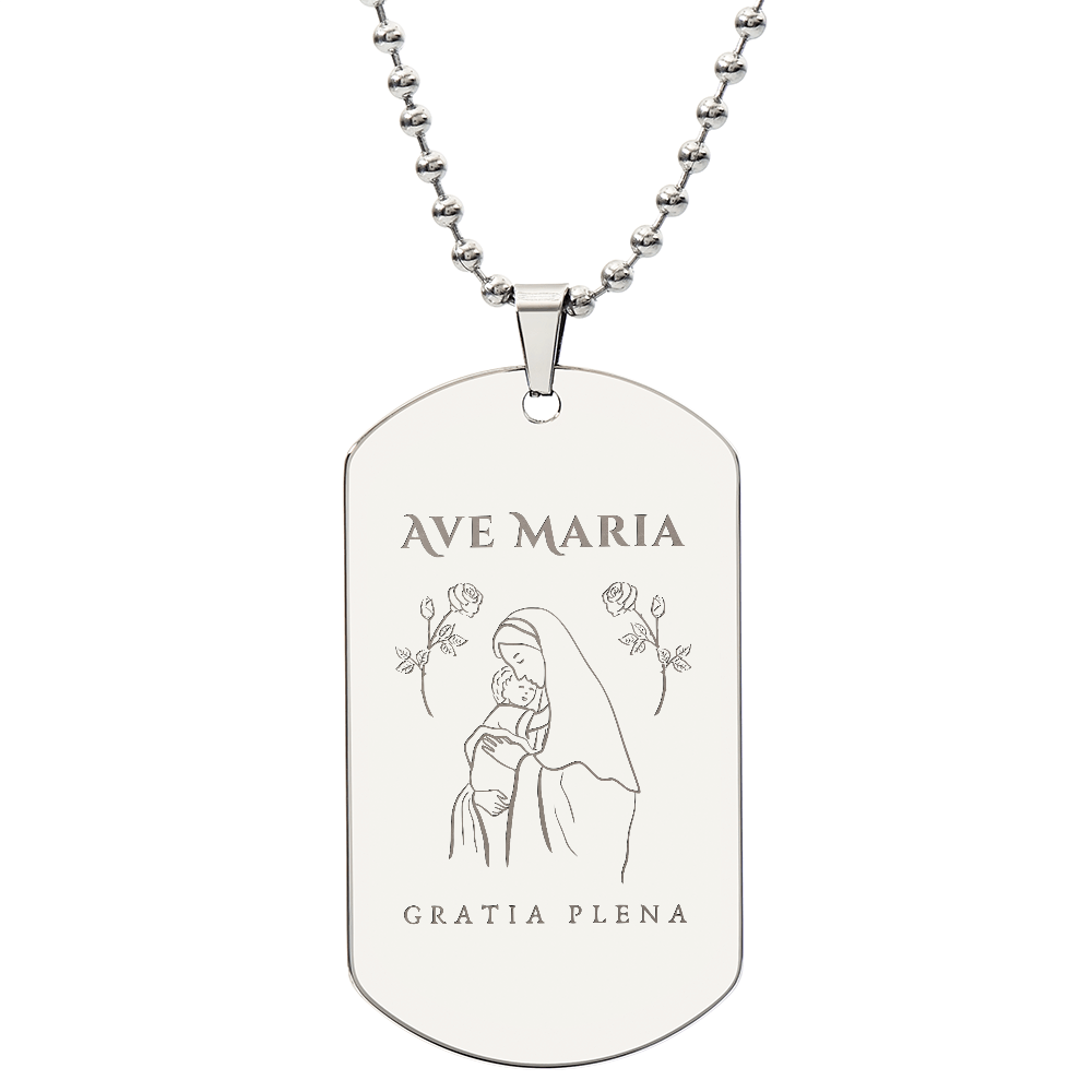 Ave Maria Gratia Plena Tag Necklace with Personalized Engraving