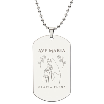 Ave Maria Gratia Plena Tag Necklace with Personalized Engraving