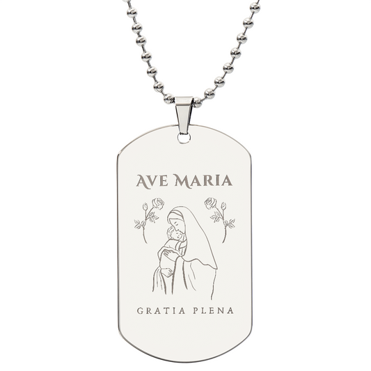 Ave Maria Gratia Plena Tag Necklace with Personalized Engraving