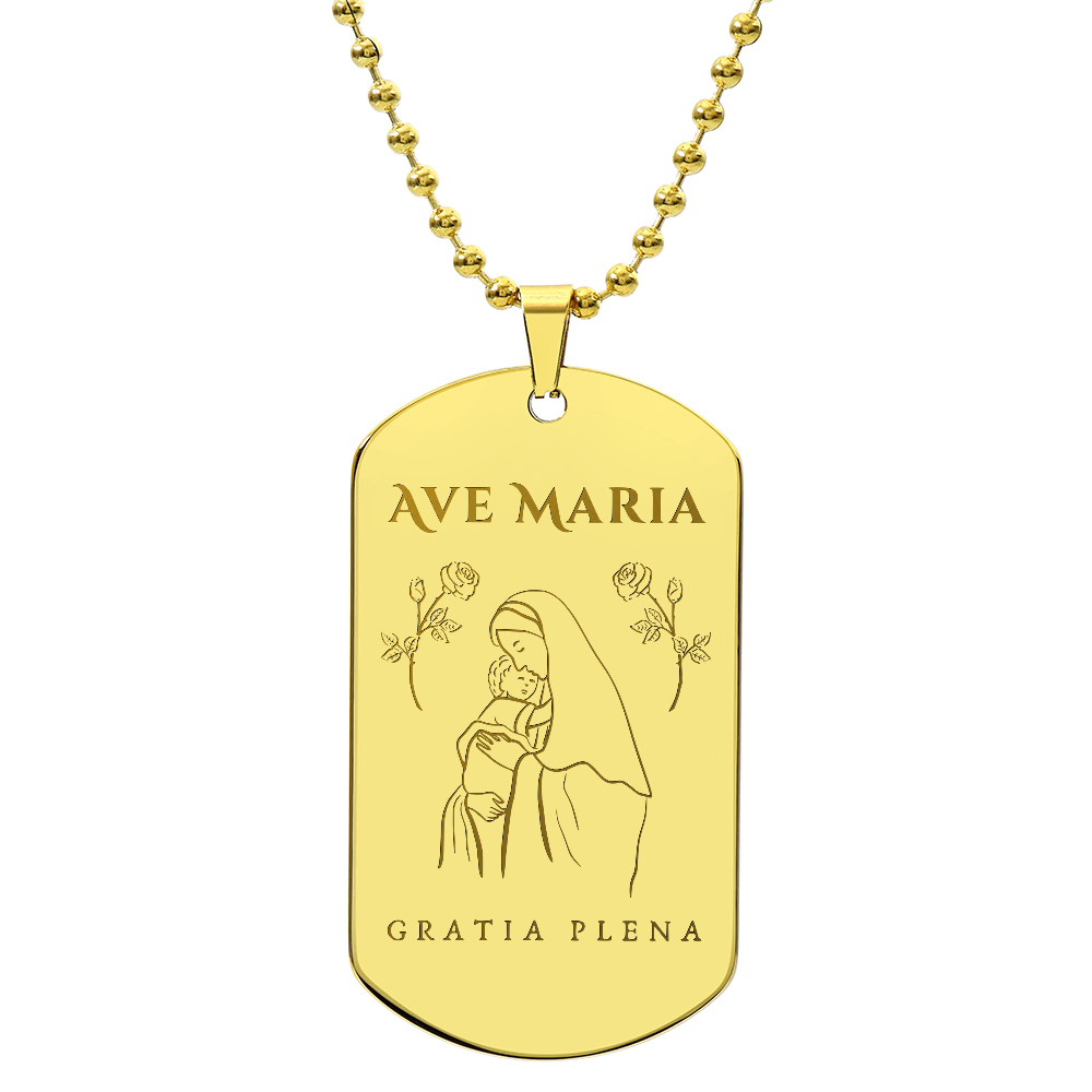 Ave Maria Gratia Plena Tag Necklace with Personalized Engraving