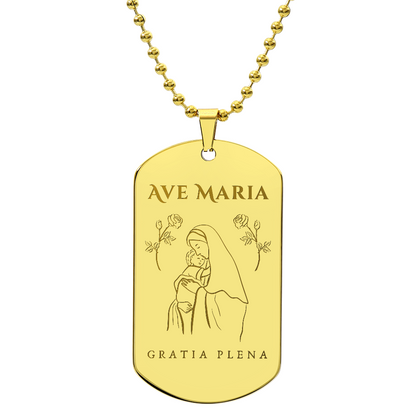 Ave Maria Gratia Plena Tag Necklace with Personalized Engraving