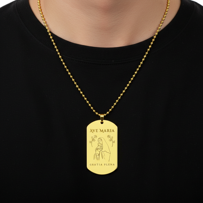 Ave Maria Gratia Plena Tag Necklace with Personalized Engraving