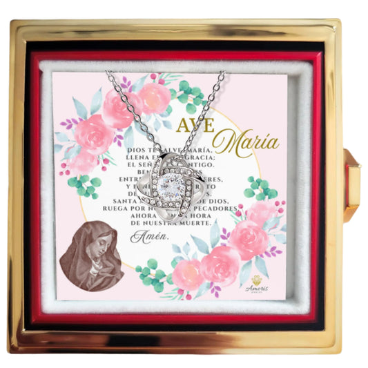 Ave María Love Knot Necklace with Eternal Rose and SPANISH Prayer Card