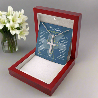 New Mom Cross Necklace with Saint Clare of Assisi Quote