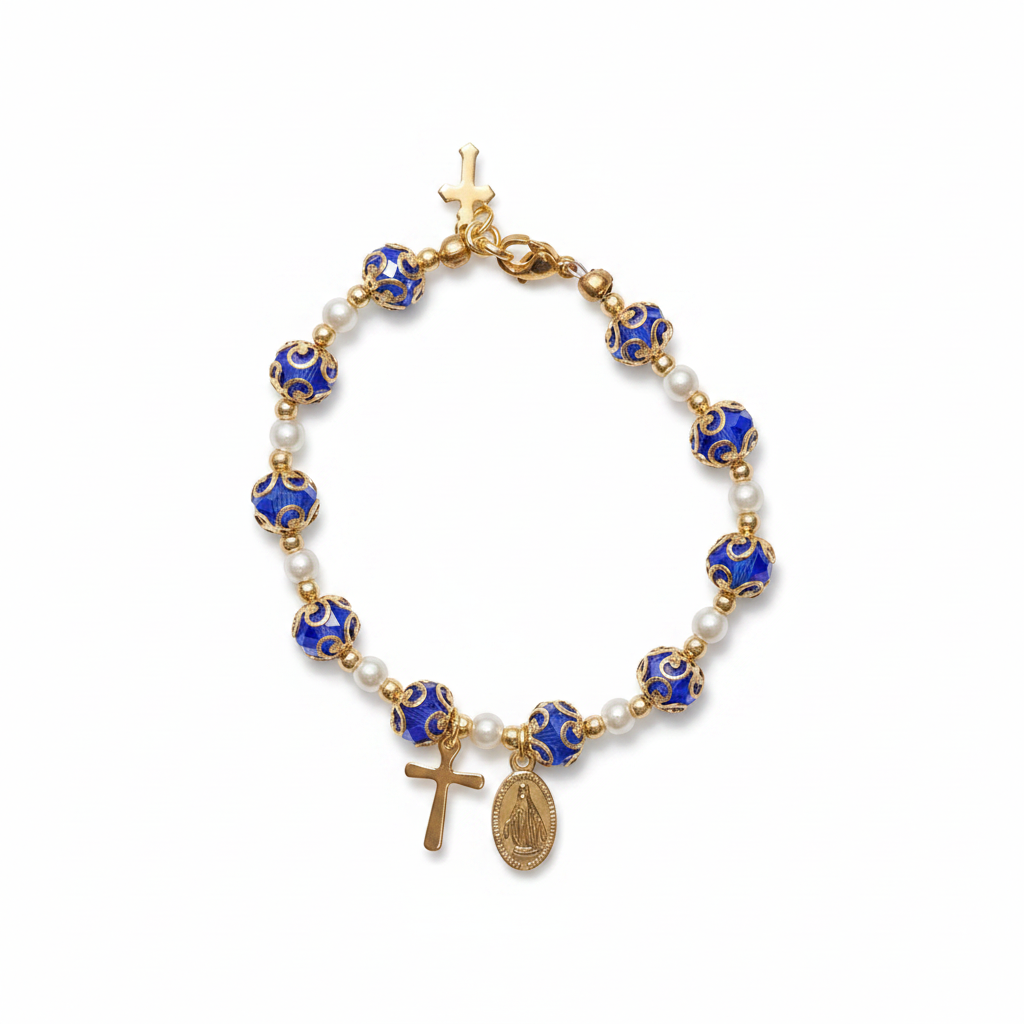 Blue and Gold Plated Pearl Miraculous Medal Deluxe Rosary Bracelet