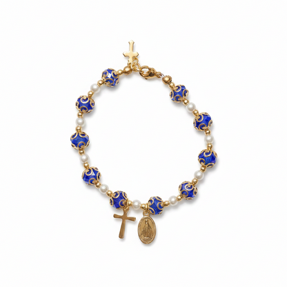 Blue and Gold Plated Pearl Miraculous Medal Deluxe Rosary Bracelet